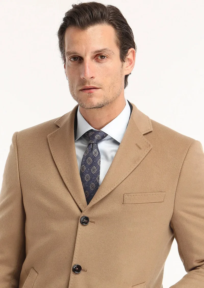 RAMSEY Buff Regular Fit Butterfly Collar Classical Weaving Overcoat
